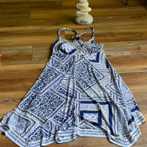 💖New Listing! INC blue/white spaghetti strap dress with handkerchief hem - Picture 2 of 4